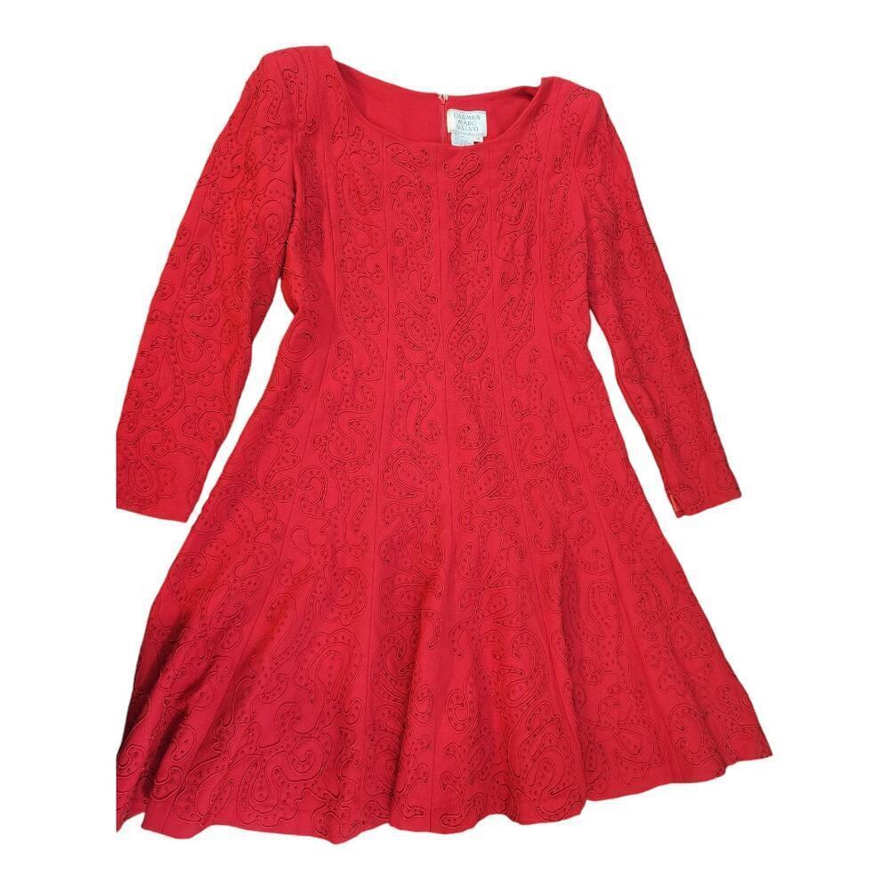 Carmen Marc Valvo vtg‎ red dress beaded mini 100% wool long sleeve